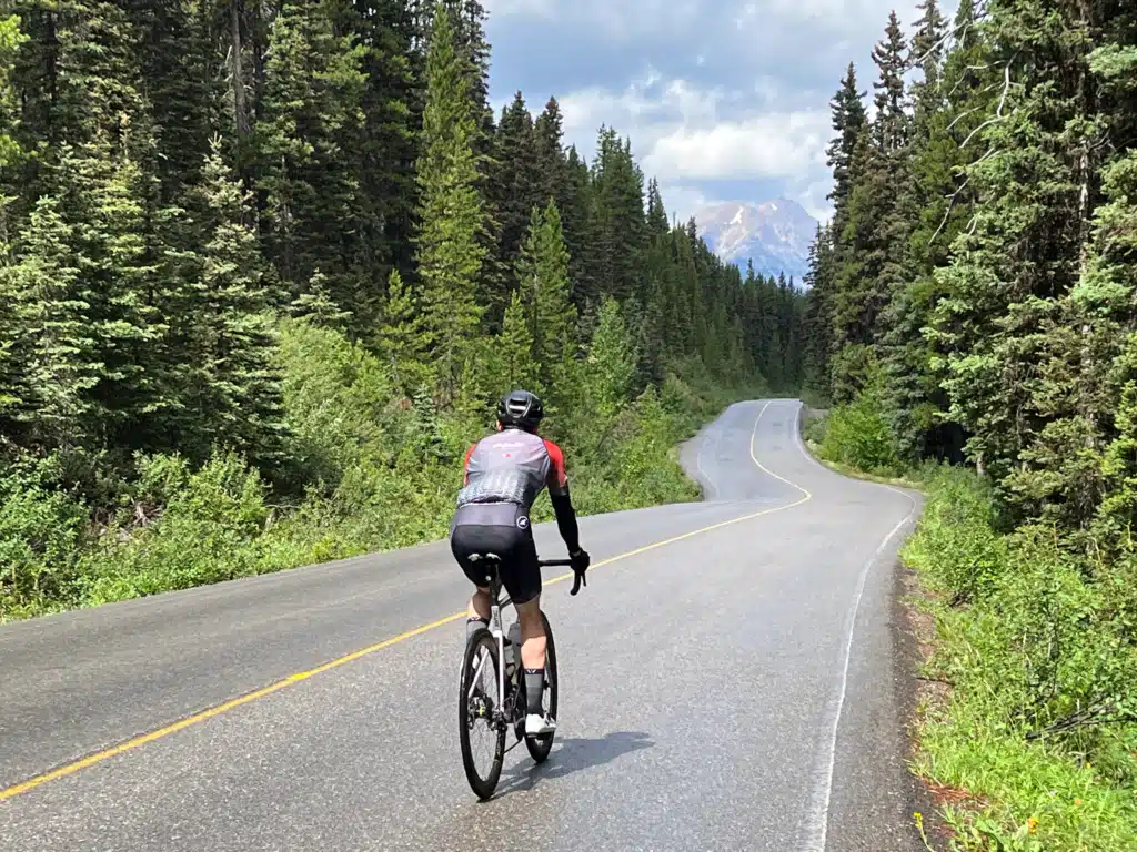 Man biking solo on road with trees